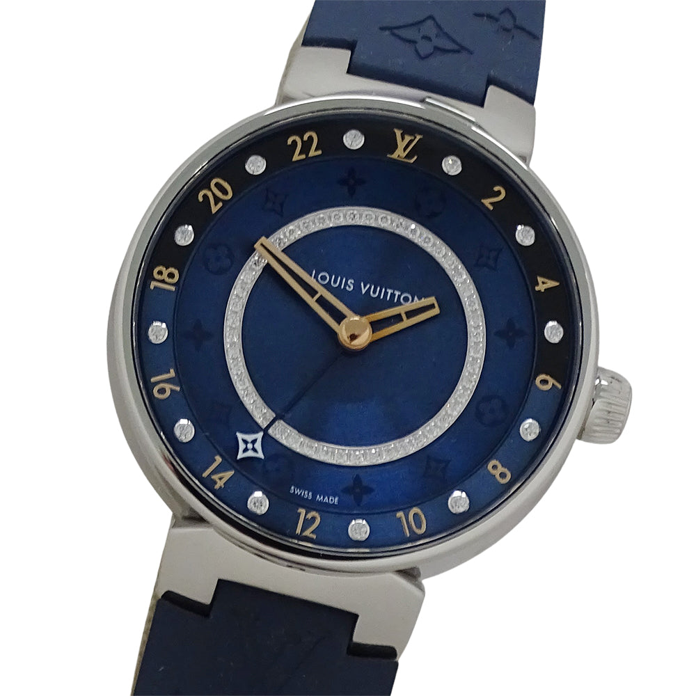LOUIS VUITTON ルイ・ヴィトン タンブール ムーン デュアル タイム MM QA142 メンズ 腕時計 クオーツ QZ ステンレス SS ラバー ダイヤモンド 磨き済み 【中古】