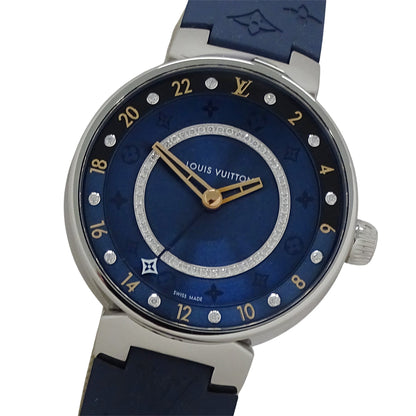 LOUIS VUITTON ルイ・ヴィトン タンブール ムーン デュアル タイム MM QA142 メンズ 腕時計 クオーツ QZ ステンレス SS ラバー ダイヤモンド 磨き済み 【中古】