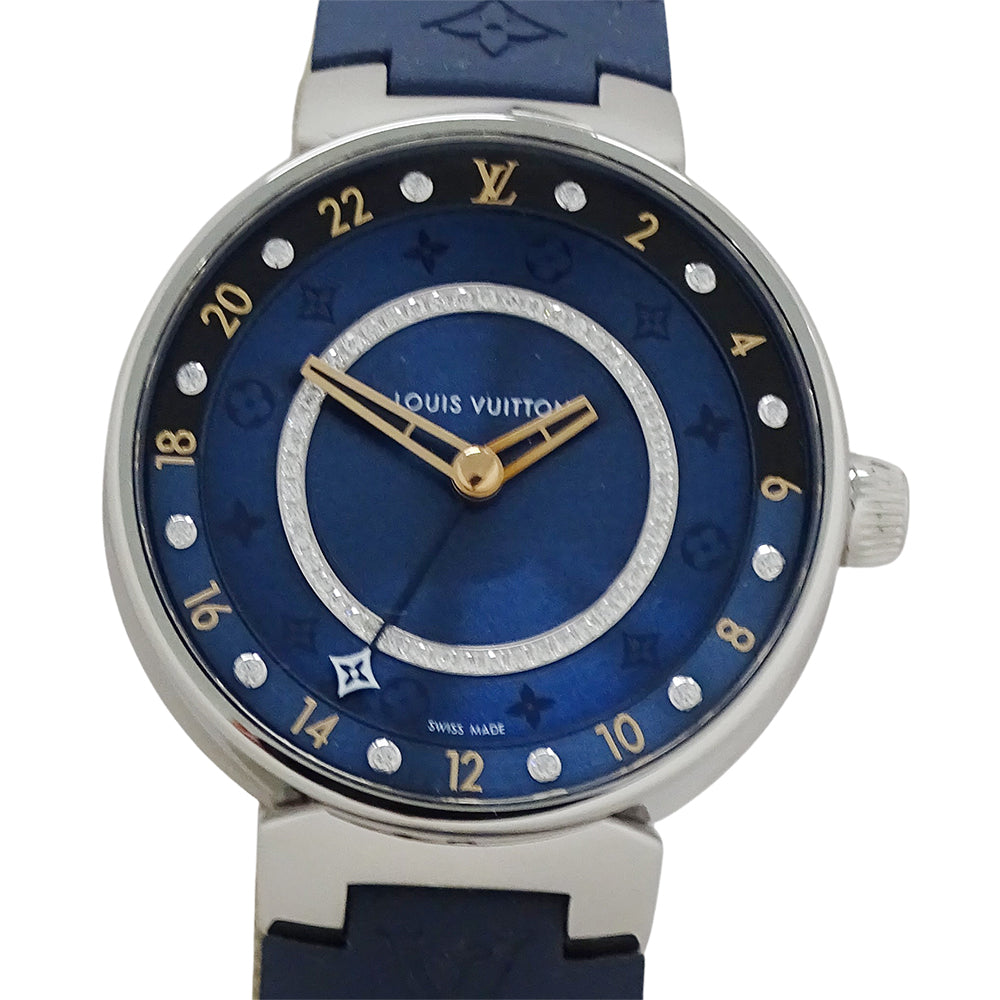 LOUIS VUITTON ルイ・ヴィトン タンブール ムーン デュアル タイム MM QA142 メンズ 腕時計 クオーツ QZ ステンレス SS ラバー ダイヤモンド 磨き済み 【中古】