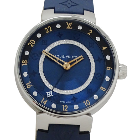 LOUIS VUITTON ルイ・ヴィトン タンブール ムーン デュアル タイム MM QA142 メンズ 腕時計 クオーツ QZ ステンレス SS ラバー ダイヤモンド 磨き済み 【中古】