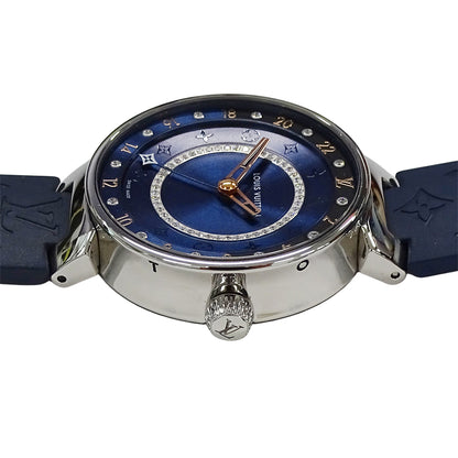 LOUIS VUITTON ルイ・ヴィトン タンブール ムーン デュアル タイム MM QA142 メンズ 腕時計 クオーツ QZ ステンレス SS ラバー ダイヤモンド 磨き済み 【中古】