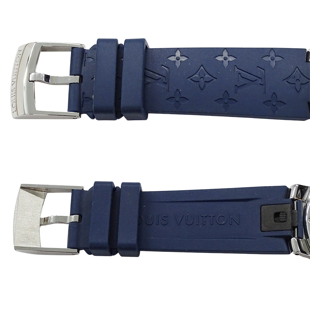 LOUIS VUITTON ルイ・ヴィトン タンブール ムーン デュアル タイム MM QA142 メンズ 腕時計 クオーツ QZ ステンレス SS ラバー ダイヤモンド 磨き済み 【中古】