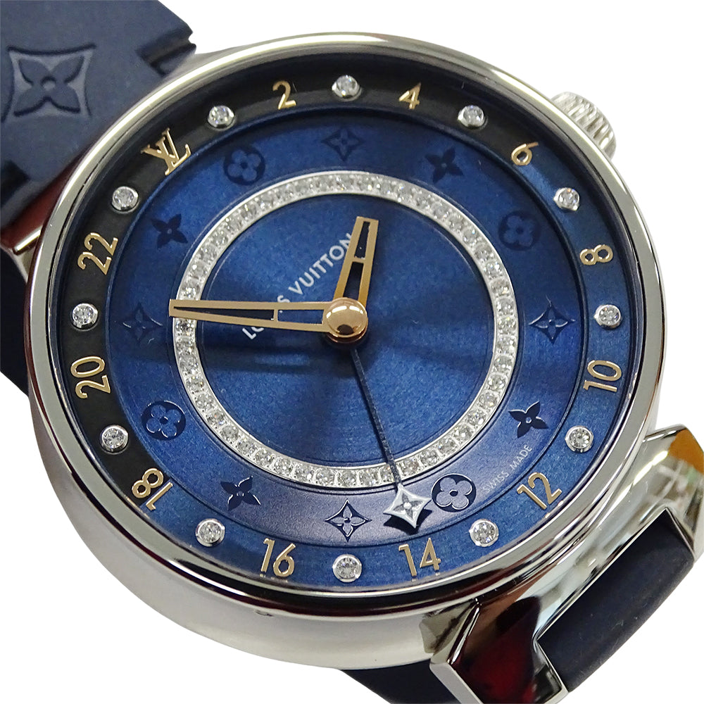 LOUIS VUITTON ルイ・ヴィトン タンブール ムーン デュアル タイム MM QA142 メンズ 腕時計 クオーツ QZ ステンレス SS ラバー ダイヤモンド 磨き済み 【中古】