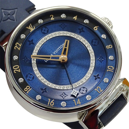 LOUIS VUITTON ルイ・ヴィトン タンブール ムーン デュアル タイム MM QA142 メンズ 腕時計 クオーツ QZ ステンレス SS ラバー ダイヤモンド 磨き済み 【中古】