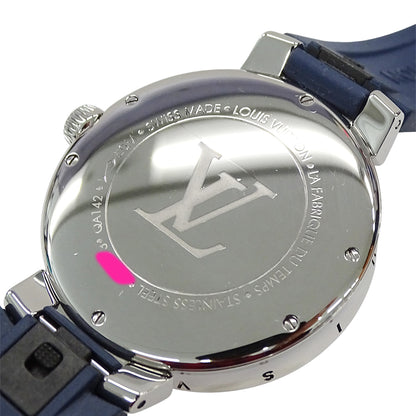 LOUIS VUITTON ルイ・ヴィトン タンブール ムーン デュアル タイム MM QA142 メンズ 腕時計 クオーツ QZ ステンレス SS ラバー ダイヤモンド 磨き済み 【中古】