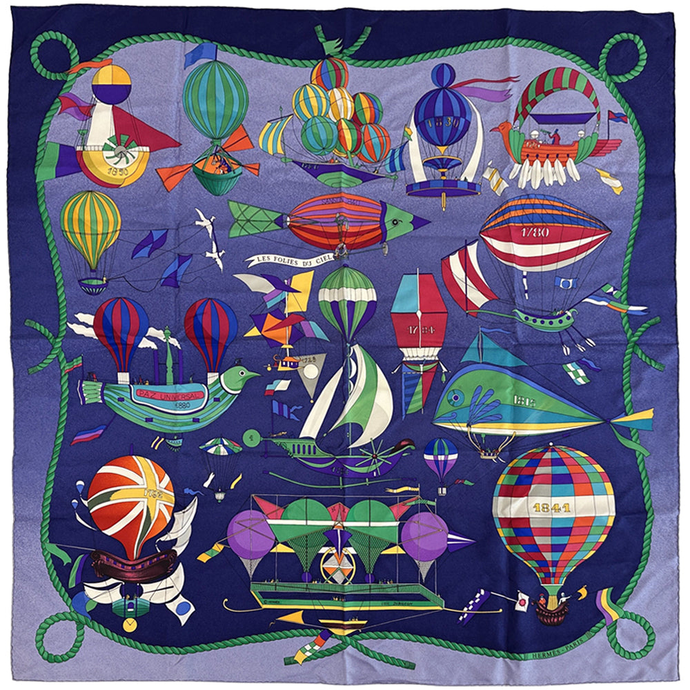 HERMES エルメス カレ90 LES FOLIES DU CIEL 大空の狂気 スカーフ ネイビー マルチカラー シルク レディース 【中古】