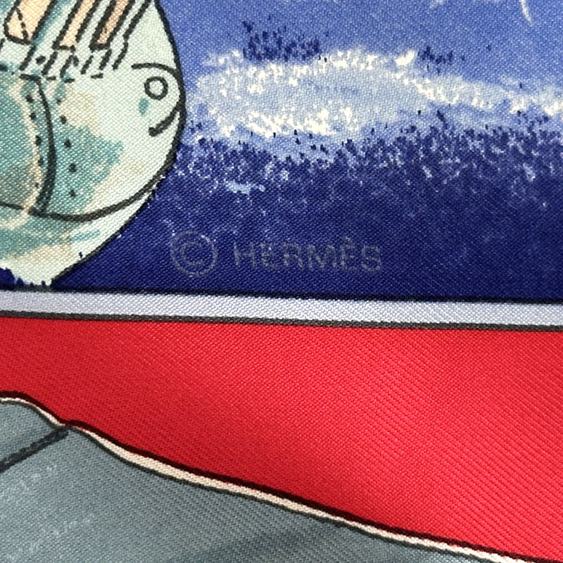 HERMES エルメス カレ90 Vent portant 追い風 スカーフ レッド マルチカラー シルク レディース 【中古】