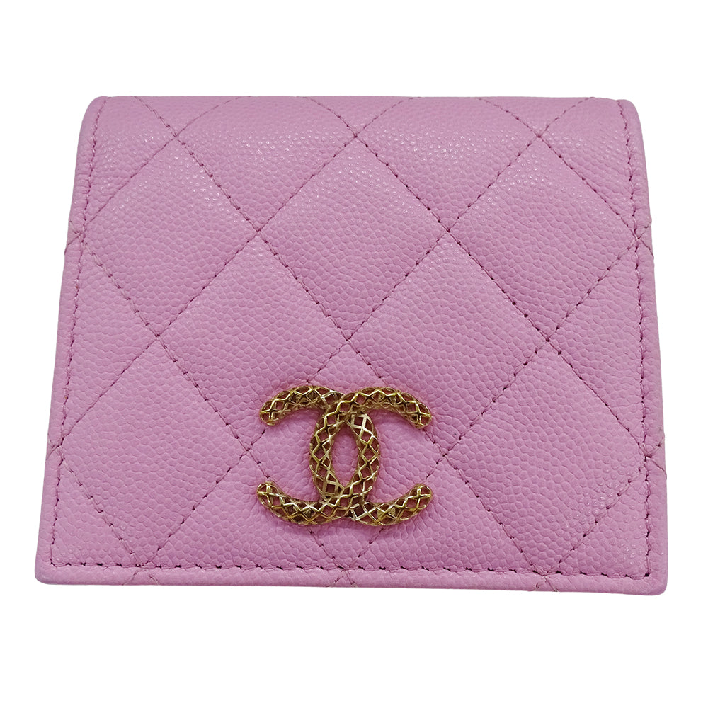 CHANEL シャネル マトラッセ 二つ折り財布 ピンク グリーン ゴールド金具 キャビアスキン レディース 【中古】