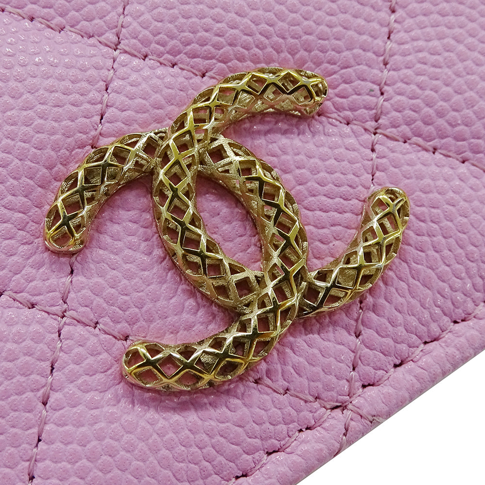 CHANEL シャネル マトラッセ 二つ折り財布 ピンク グリーン ゴールド金具 キャビアスキン レディース 【中古】