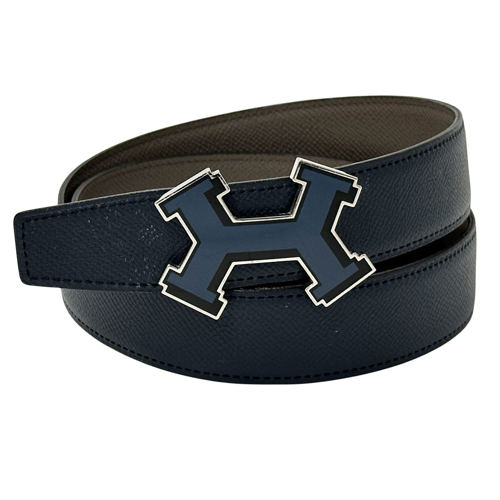 HERMES エルメス ベルト ストリートH ネイビー グレー レザー メンズ 【中古】