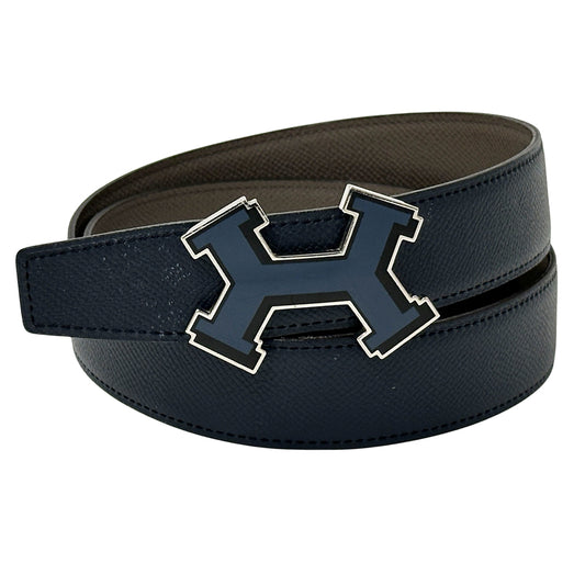 HERMES エルメス ベルト ストリートH ネイビー グレー レザー メンズ 【中古】