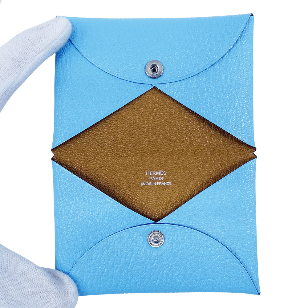 HERMES エルメス カルヴィ カードケース ブルーアズテック シェーブル レディース メンズ 【中古】