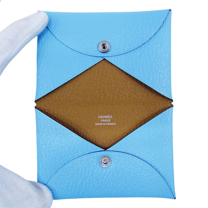 HERMES エルメス カルヴィ カードケース ブルーアズテック シェーブル レディース メンズ 【中古】