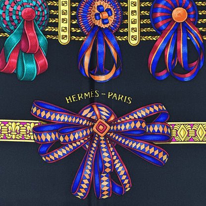 HERMES エルメス カレ90 LES RUBANS DU CHEVAL 馬のリボン スカーフ ブラック マルチカラー シルク レディース 【中古】