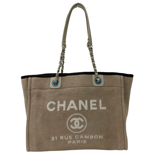 CHANEL シャネル トートバッグ ドーヴィル チェーントート ベージュ シルバー金具 キャンバス レディース 【中古】