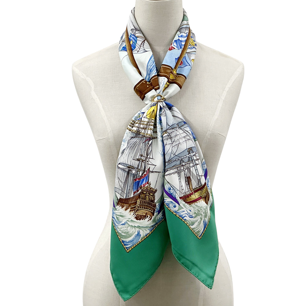HERMES エルメス カレ90 vive le vent 風よ吹け スカーフ グリーン マルチカラー シルク レディース 【中古】