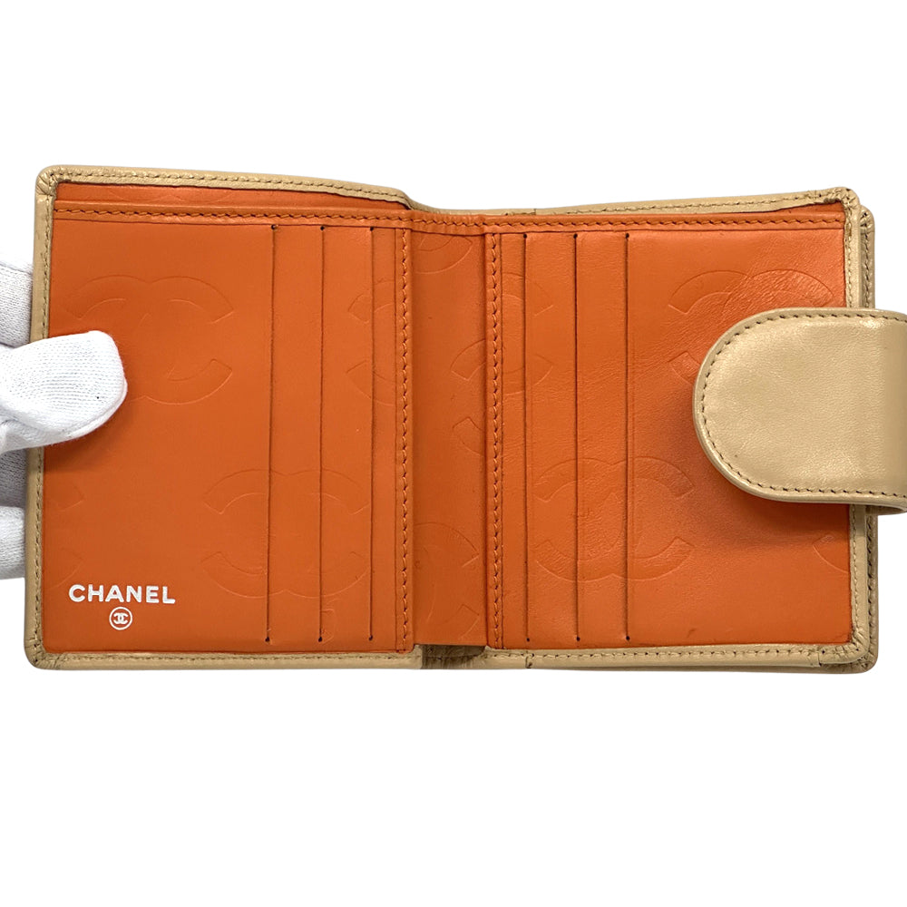 CHANEL シャネル 二つ折り財布 カンボン ベージュ オレンジ レザー レディース 【中古】