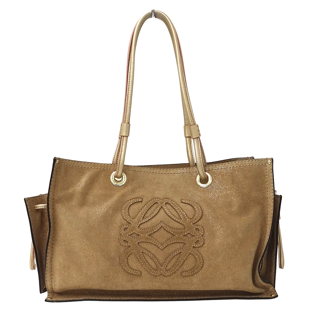 LOEWE ロエベ アナグラム ショッパーバッグ トートバッグ ゴールド ブラウン スエード レディース 【中古】