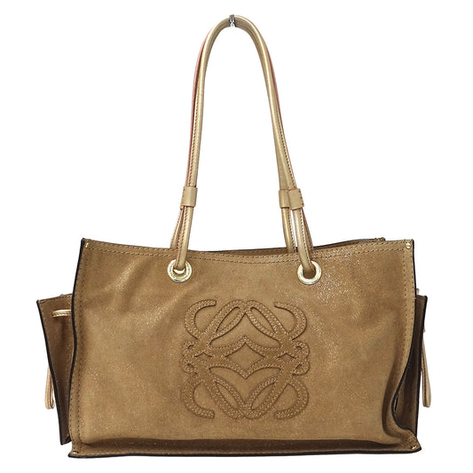 LOEWE ロエベ アナグラム ショッパーバッグ トートバッグ ゴールド ブラウン スエード レディース 【中古】