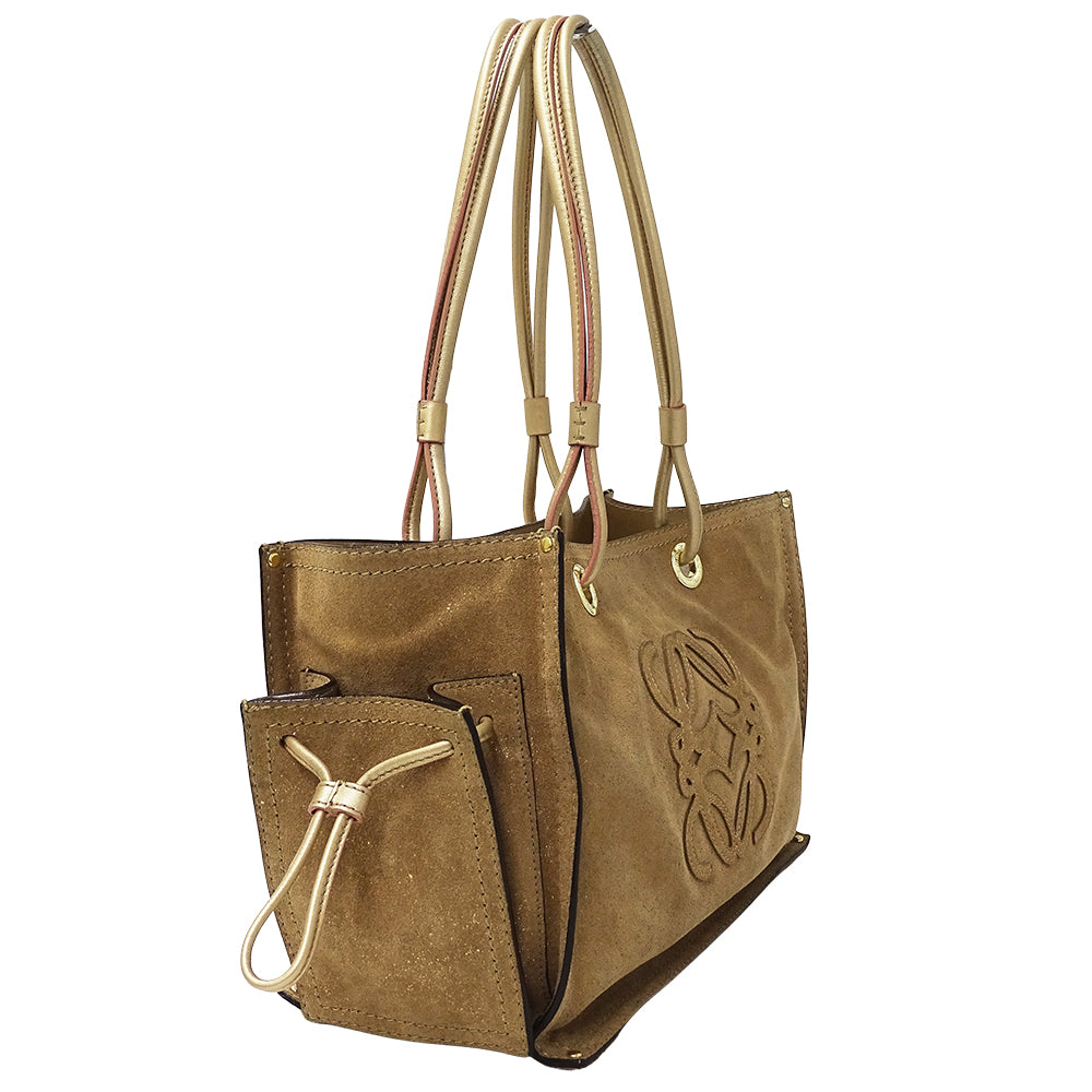 LOEWE ロエベ アナグラム ショッパーバッグ トートバッグ ゴールド ブラウン スエード レディース 【中古】