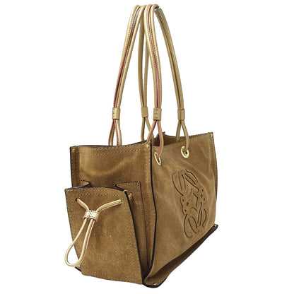 LOEWE ロエベ アナグラム ショッパーバッグ トートバッグ ゴールド ブラウン スエード レディース 【中古】