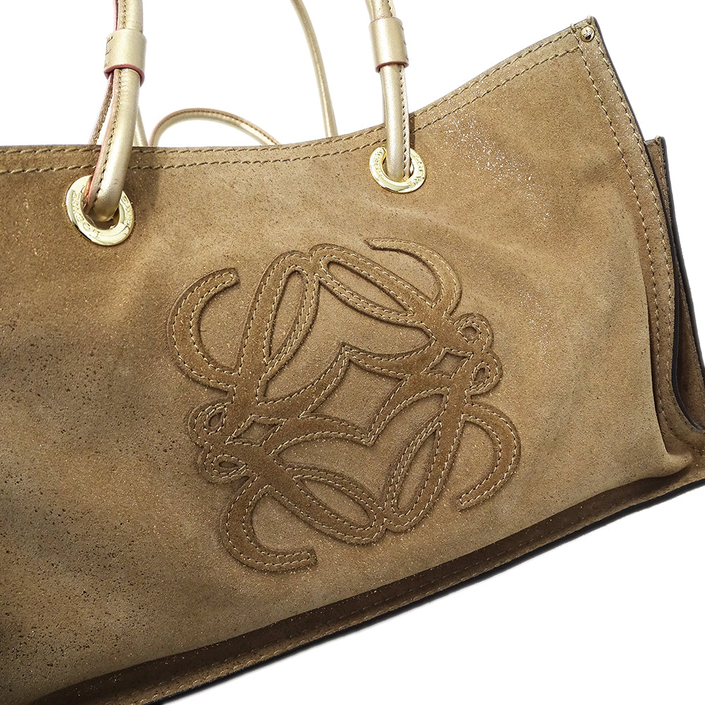 LOEWE ロエベ アナグラム ショッパーバッグ トートバッグ ゴールド ブラウン スエード レディース 【中古】