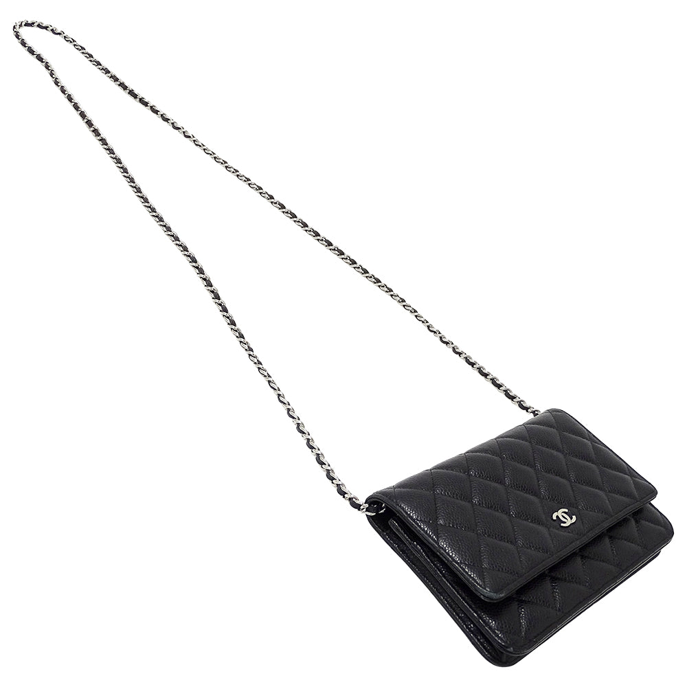 CHANEL シャネル ショルダーウォレット マトラッセ ブラック シルバー金具 キャビアスキン レディース 【中古】