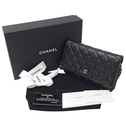 CHANEL シャネル ショルダーウォレット マトラッセ ブラック シルバー金具 キャビアスキン レディース 【中古】