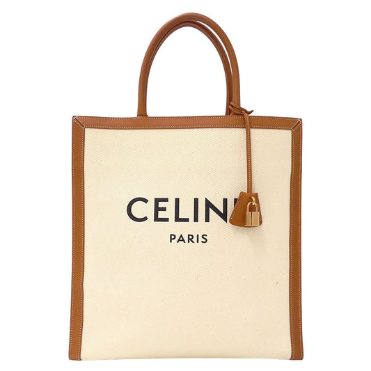 CELINE セリーヌ バーティカルカバ ラージ トートバッグ ブラウン アイボリー キャンバス レディース 【中古】