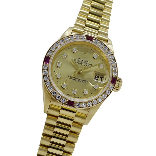 ROLEX ロレックス デイトジャスト 69068G W番 レディース 腕時計 自動巻き AT 750YG 18K 金無垢 ゴールド 4Pルビー 10Pダイヤモンド 磨き済み 【中古】