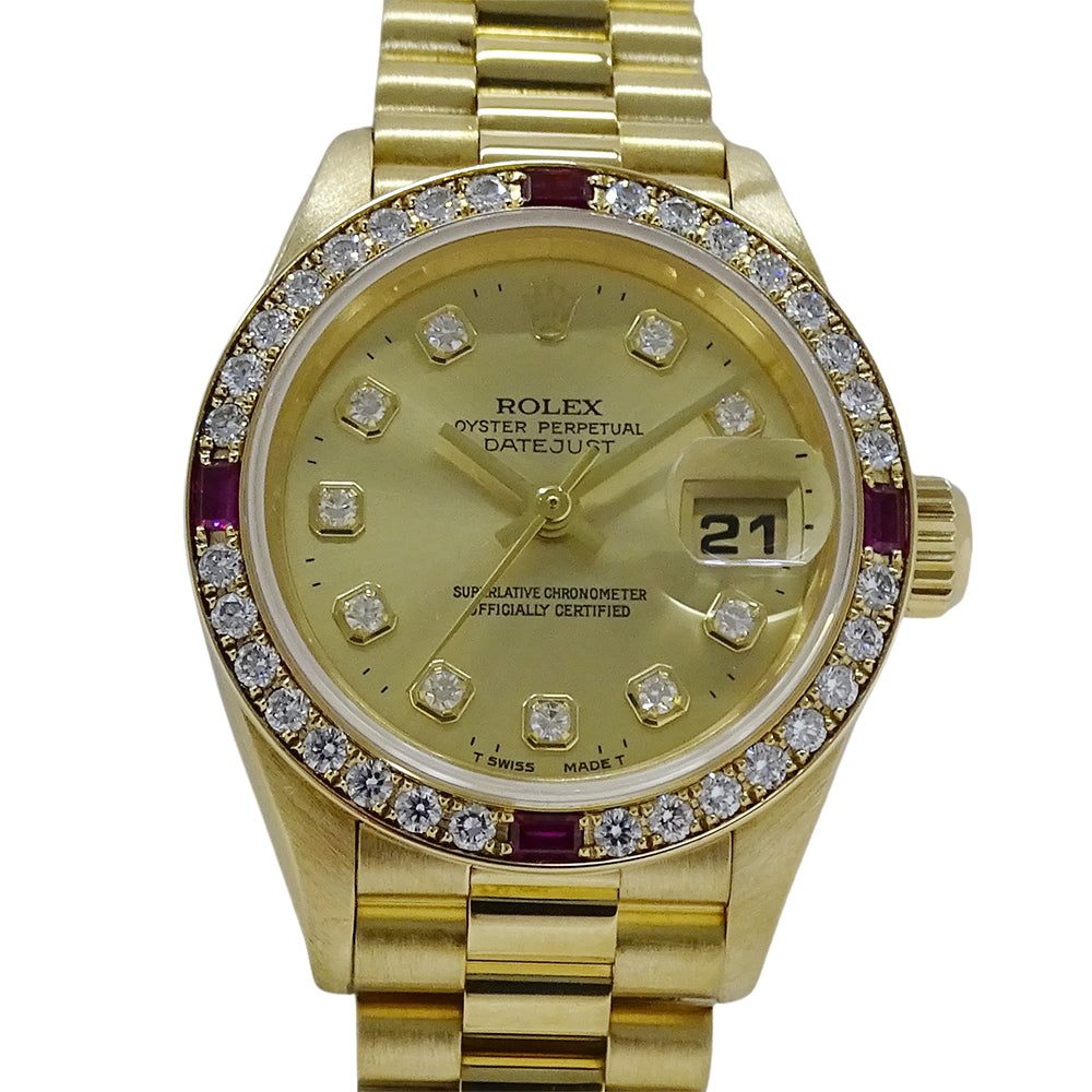 ROLEX ロレックス デイトジャスト 69068G W番 レディース 腕時計 自動巻き AT 750YG 18K 金無垢 ゴールド 4Pルビー 10Pダイヤモンド 磨き済み 【中古】