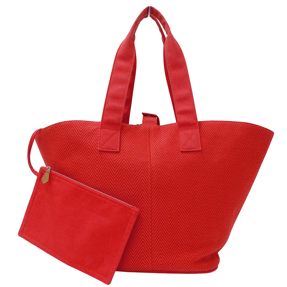 HERMES エルメス パニエドプラージュ PM トートバッグ レッド シルバー金具 トワルシェブロン レディース 【中古】