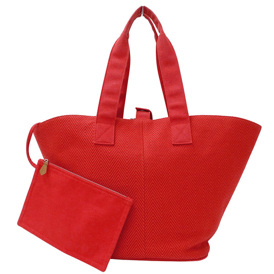 HERMES エルメス パニエドプラージュ PM トートバッグ レッド シルバー金具 トワルシェブロン レディース 【中古】