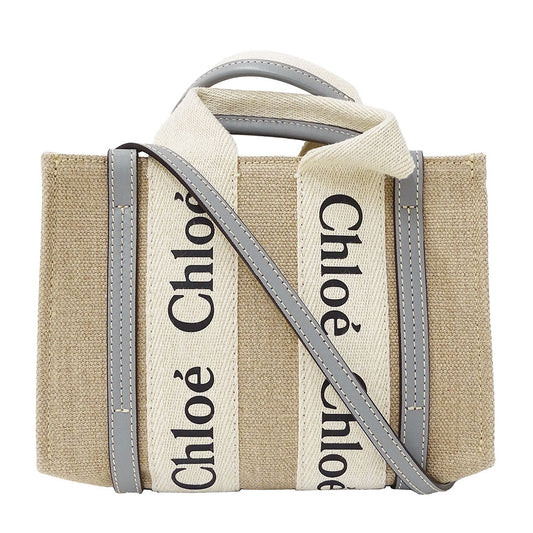 Chloe クロエ ウッディ ミニ 2wayバッグ ベージュ グレー キャンバス レディース 【中古】
