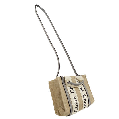 Chloe クロエ ウッディ ミニ 2wayバッグ ベージュ グレー キャンバス レディース 【中古】