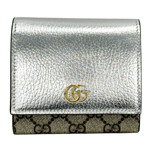GUCCI グッチ 三つ折り財布 GGスプリーム プチマーモント シルバー ベージュ 598587 PVC レディース メンズ 【中古】