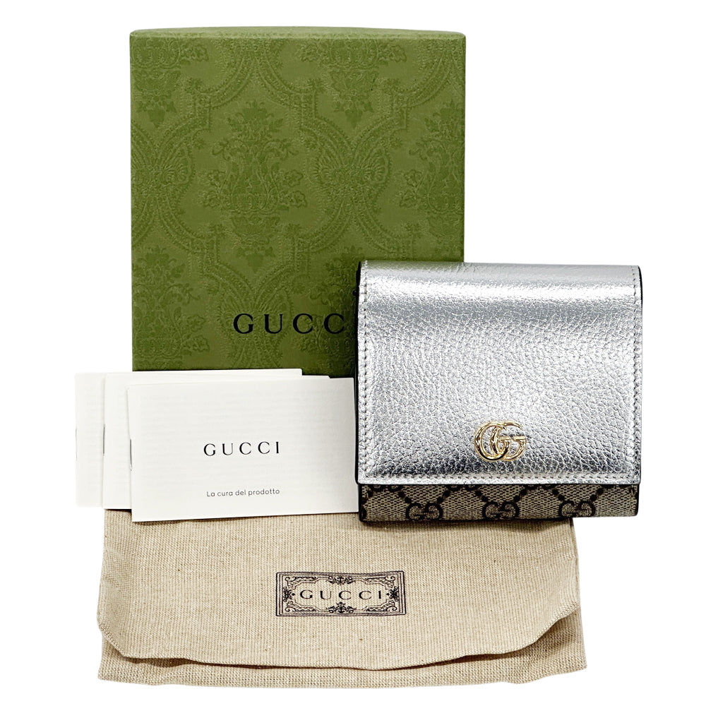 GUCCI グッチ 三つ折り財布 GGスプリーム プチマーモント シルバー ベージュ 598587 PVC レディース メンズ 【中古】