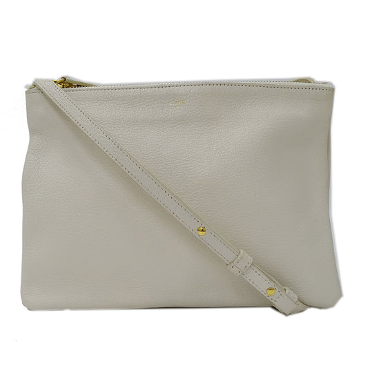 CELINE セリーヌ トリオ ラージ ショルダーバッグ ホワイト 白 レザー レディース 【中古】