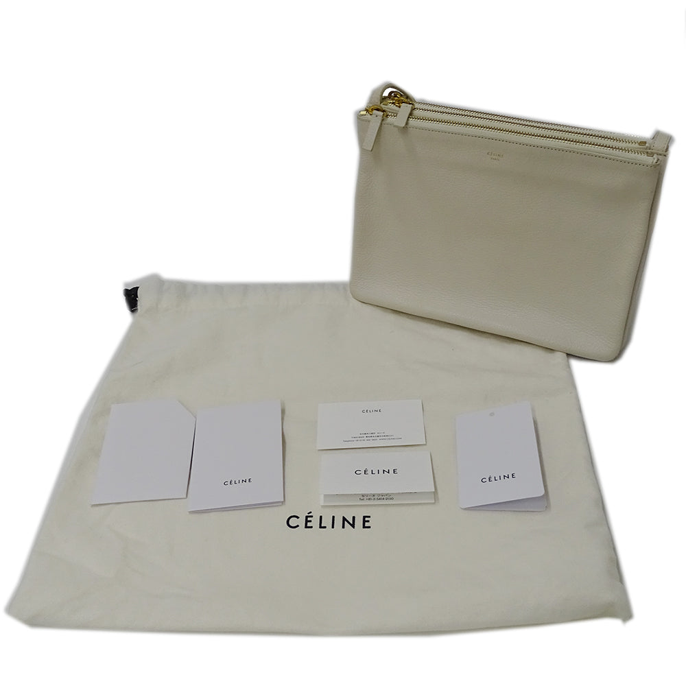 CELINE セリーヌ トリオ ラージ ショルダーバッグ ホワイト 白 レザー レディース 【中古】