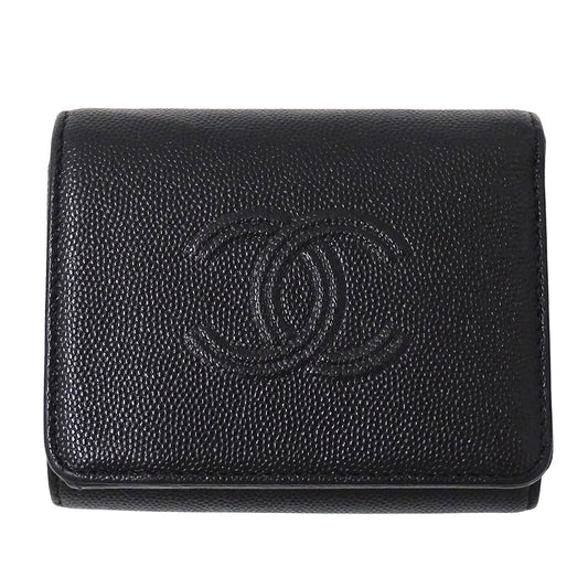 CHANEL シャネル 三つ折り財布 ブラック シルバー金具 キャビアスキン レディース 【中古】