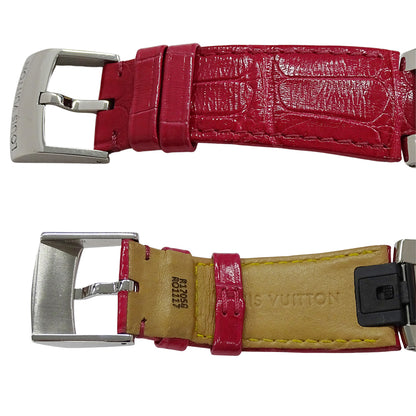 LOUIS VUITTON ルイ・ヴィトン タンブールスリム メタリックフラワーGM QA016 メンズ 腕時計 クオーツ QZ ステンレス SS レザー ピンク 磨き済み 【中古】
