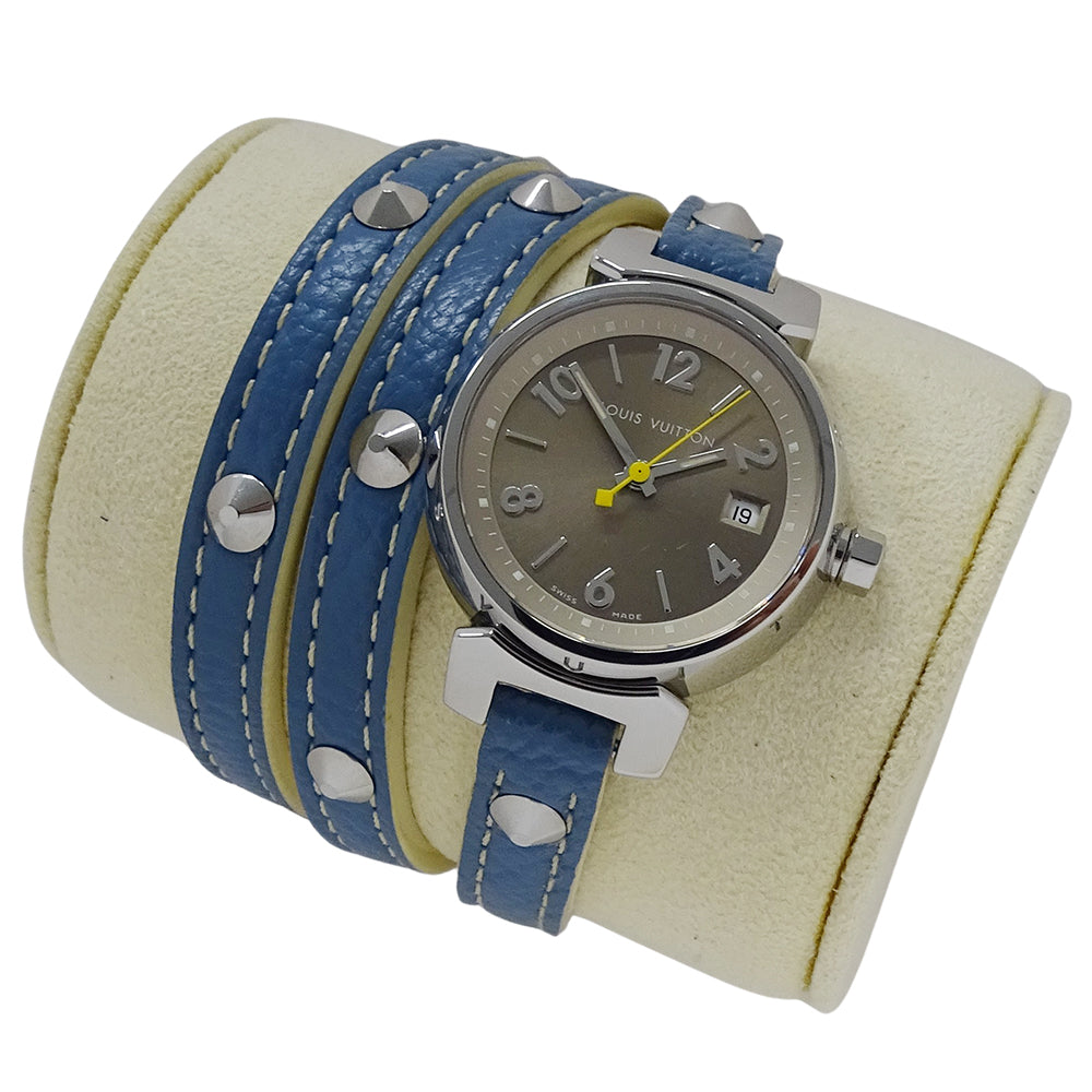 LOUIS VUITTON ルイ・ヴィトン タンブール トリプルコイルド Q1212 レディース 腕時計 デイト クオーツ QZ ステンレス SS レザー ブラウン ブルー 磨き済み 【中古】
