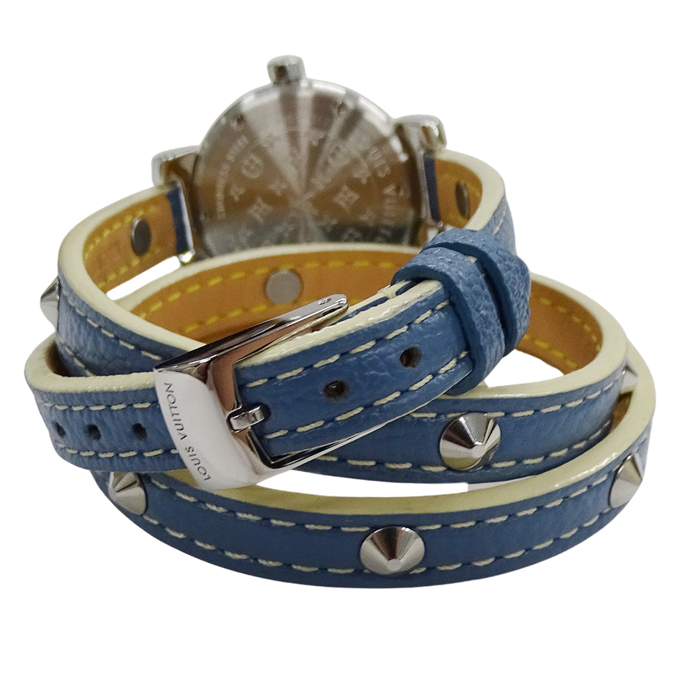 LOUIS VUITTON ルイ・ヴィトン タンブール トリプルコイルド Q1212 レディース 腕時計 デイト クオーツ QZ ステンレス SS レザー ブラウン ブルー 磨き済み 【中古】
