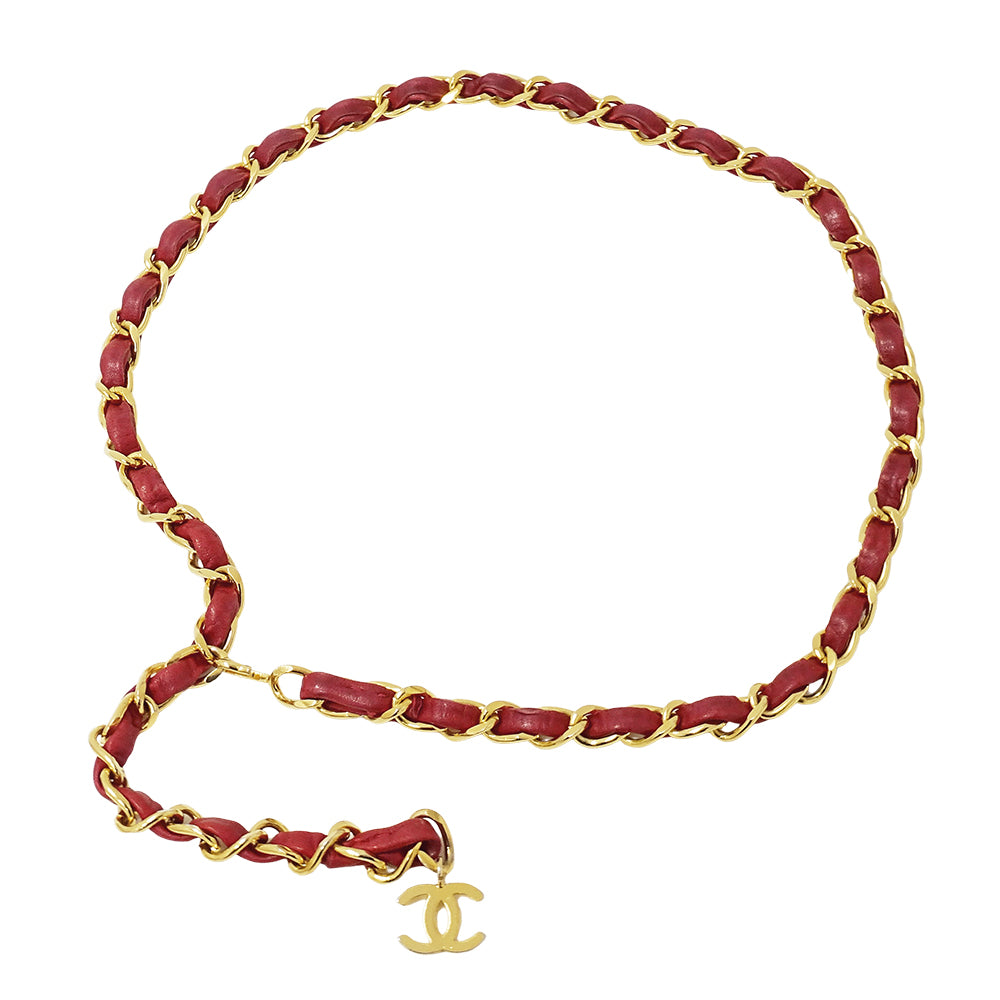 CHANEL シャネル チェーンベルト レッド ゴールド金具 レザー レディース 【中古】