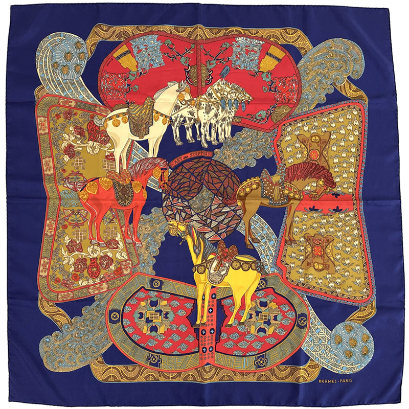 HERMES エルメス カレ90 ART des STEPPES ステップ美術 スカーフ ネイビー マルチカラー シルク レディース 【中古】