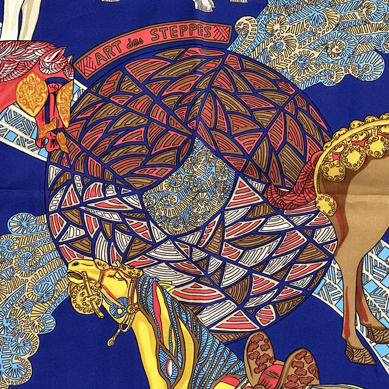 HERMES エルメス カレ90 ART des STEPPES ステップ美術 スカーフ ネイビー マルチカラー シルク レディース 【中古】