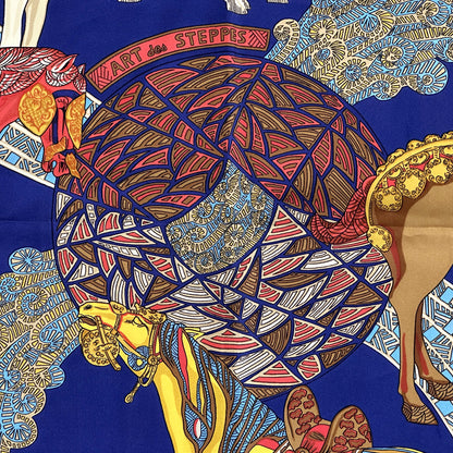 HERMES エルメス カレ90 ART des STEPPES ステップ美術 スカーフ ネイビー マルチカラー シルク レディース 【中古】