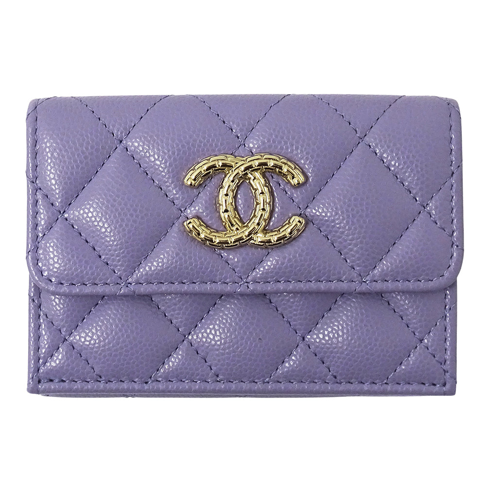 CHANEL シャネル 三つ折り財布 マトラッセ パープル ゴールド金具 キャビアスキン レディース 【中古】