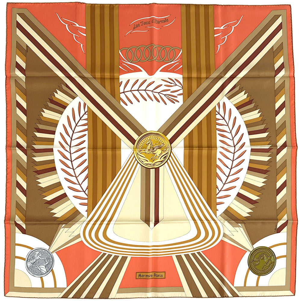 HERMES エルメス カレ90 Les Jeux D'Hermes エルメスのゲーム スカーフ オレンジ マルチカラー シルク レディース 【中古】