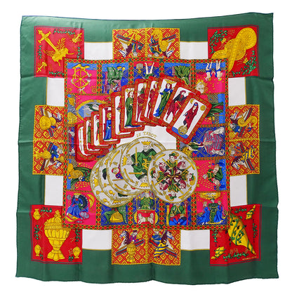 HERMES エルメス カレ90 LE TAROT タロットカード スカーフ グリーン マルチカラー シルク レディース 【中古】